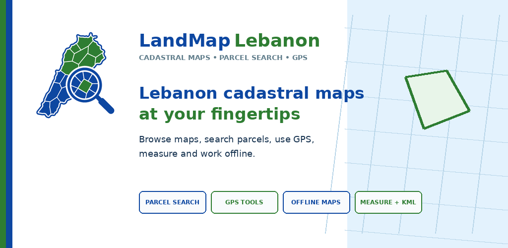 LandMap Lebanon cadastral maps, parcel search, GPS, offline maps, measuring and KML export